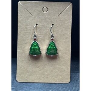 Christmas Tree Pierced Earrings Silver tone Enamel Holiday Dangle French Wire